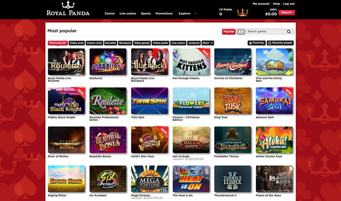 Royal Panda Casino lobby layout